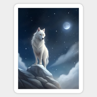 White Wolf Hunting Ground, Winter Mountain Icy Moon, Forest, Galaxy Beautiful gifts Novelty a Wolf portrait Watercolor Sticker